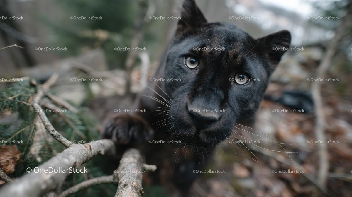 Black Panther Intently Staring in Forest Environment