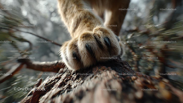 Close-Up of Lion Paw on Tree Bark in Natural Habitat