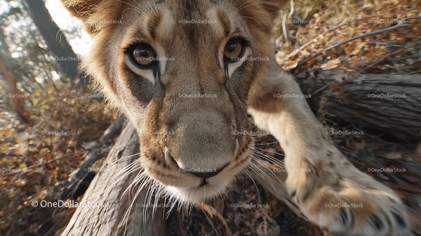 Curious Lion Cub Exploring Natural Habitat Close-Up