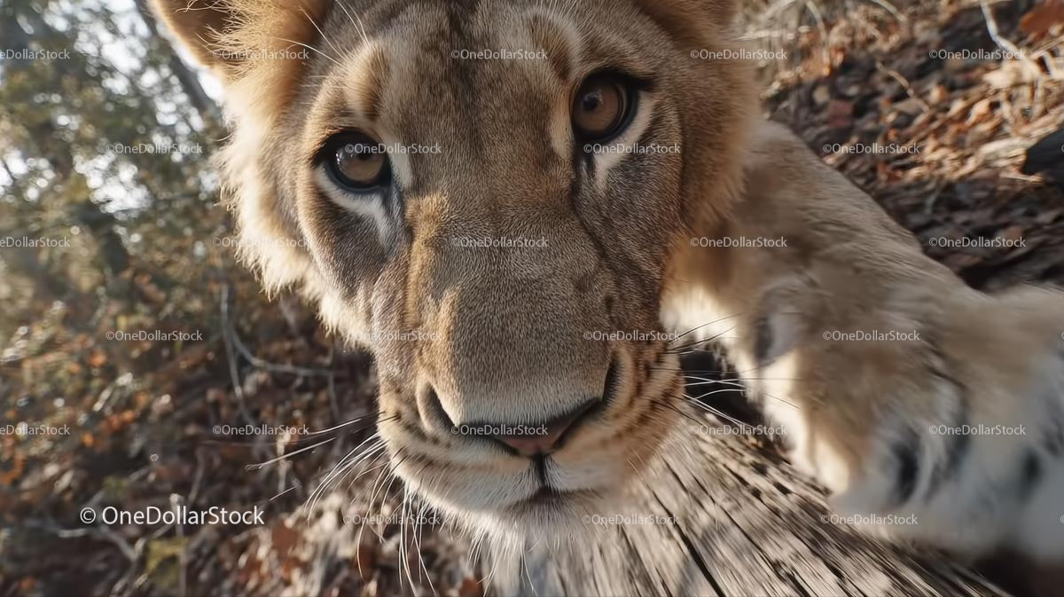 Curious Young Lion in Natural Habitat Close-Up