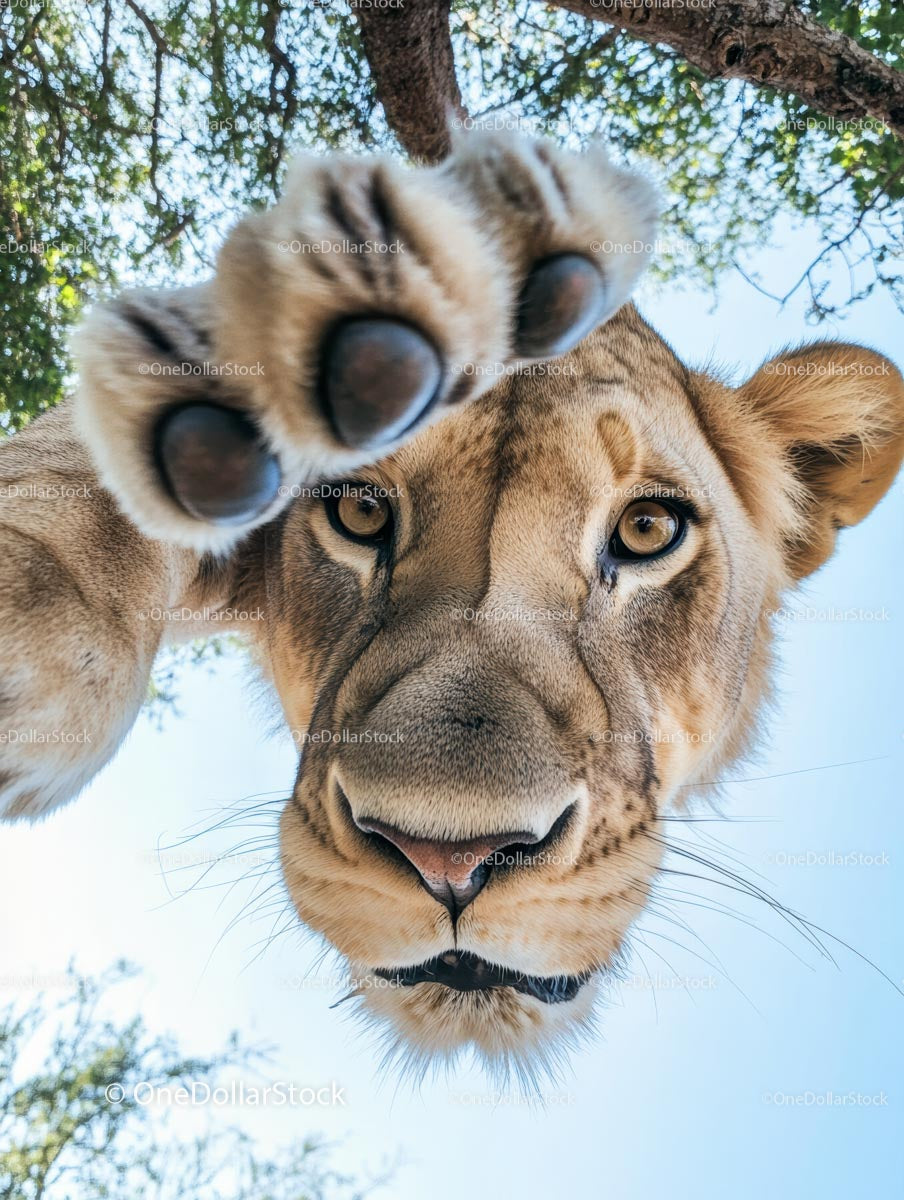 Curious Lion Peering Down with Paw Outstretched in Safari