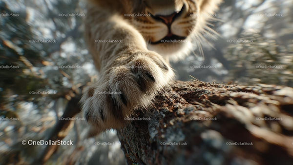 Lion Cub's Paw on Tree in Sunlit Jungle