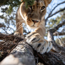 Majestic Lion Climbing Through Forested Wilderness