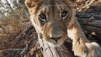 Close-Up of a Curious Young Lion in Autumn Forest