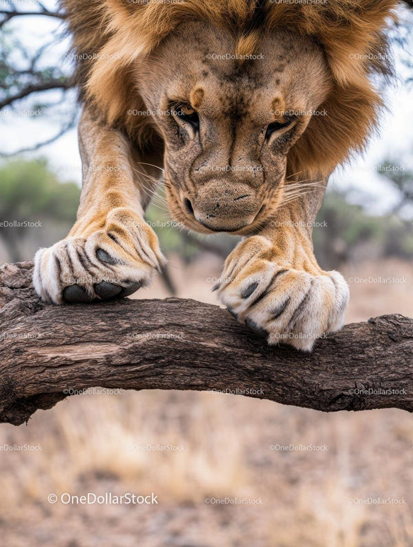 Majestic Lion Poised on a Tree Branch