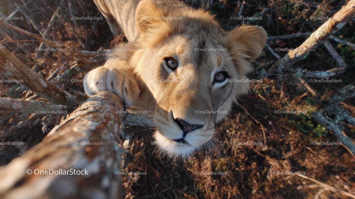 Curious Lion Cub Climbing a Tree in the Wild
