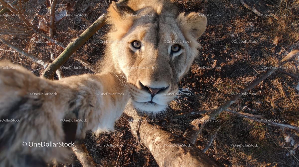 Lew robiący sobie selfie na afrykańskiej sawannie
