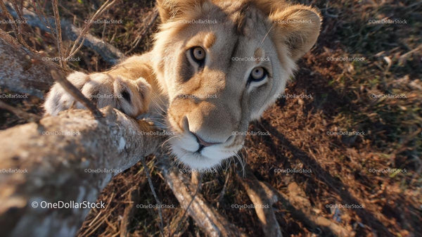 Curious Lion Cub Climbing a Tree in Natural Habitat