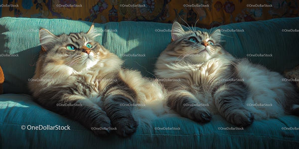 Two Fluffy Siberian Cats Relaxing on a Teal Sofa