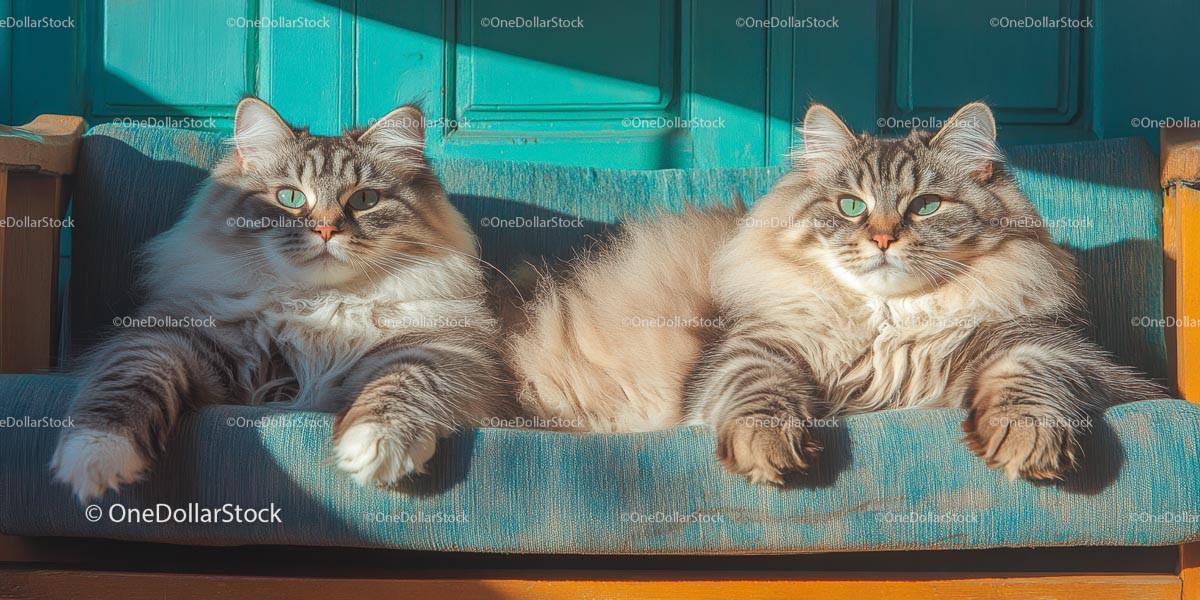 Fluffy Siberian Cats Relaxing on a Sunlit Couch