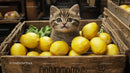 Adorable Kitten in a Crate of Fresh Yellow Lemons