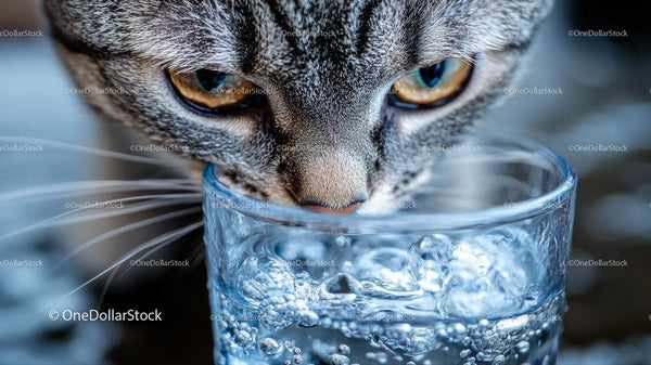 Curious Tabby Cat Drinking from a Bubbly Glass of Water