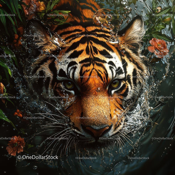 Intense Bengal Tiger Swimming Through Water