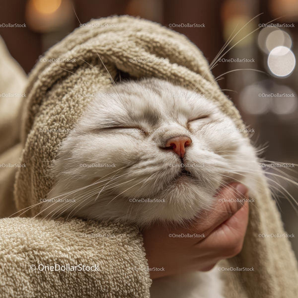 White Cat Enjoying a Relaxing Towel Spa Treatment