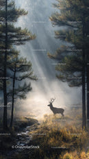 Majestic Deer Stands in Misty Forest Illuminated by Sunrise