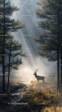 Majestic Deer Stands in Misty Forest Illuminated by Sunrise