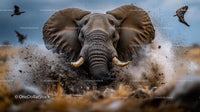 Majestic Elephant Charging Through Dusty Savannah