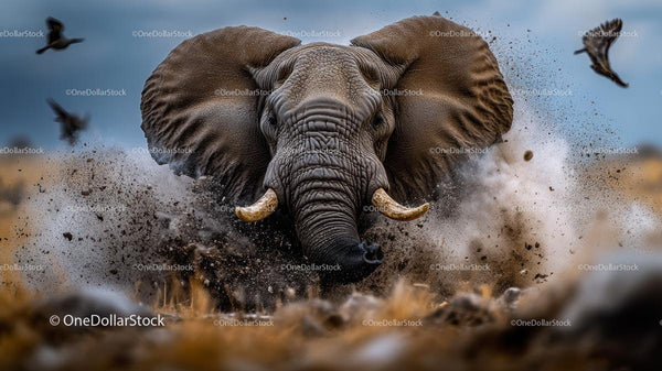 Majestic Elephant Charging Through Dusty Savannah