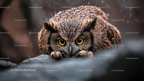 Close-Up of a Snow-Dusted Owl Staring Intently