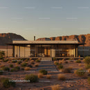 Modern Glass House in Desert Landscape at Sunset