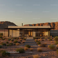 Modern Glass House in Desert Landscape at Sunset