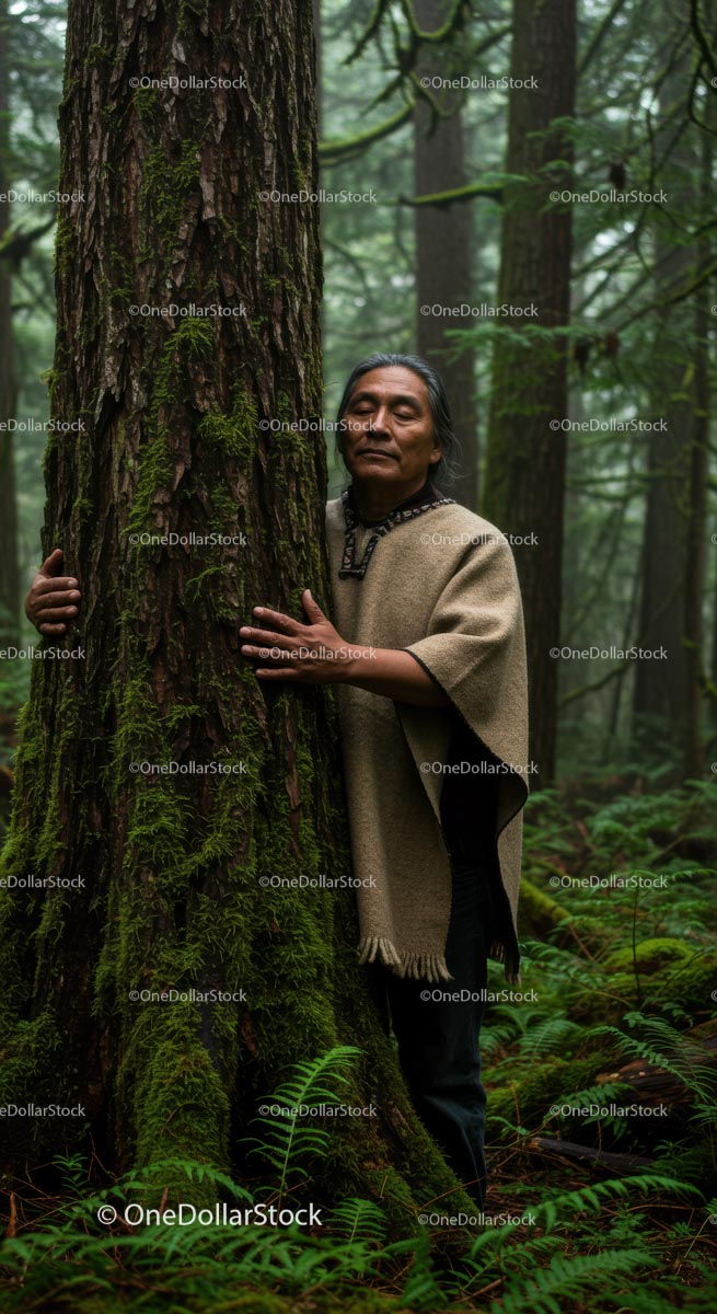 Peaceful Man Embracing Moss-Covered Tree in Lush Forest