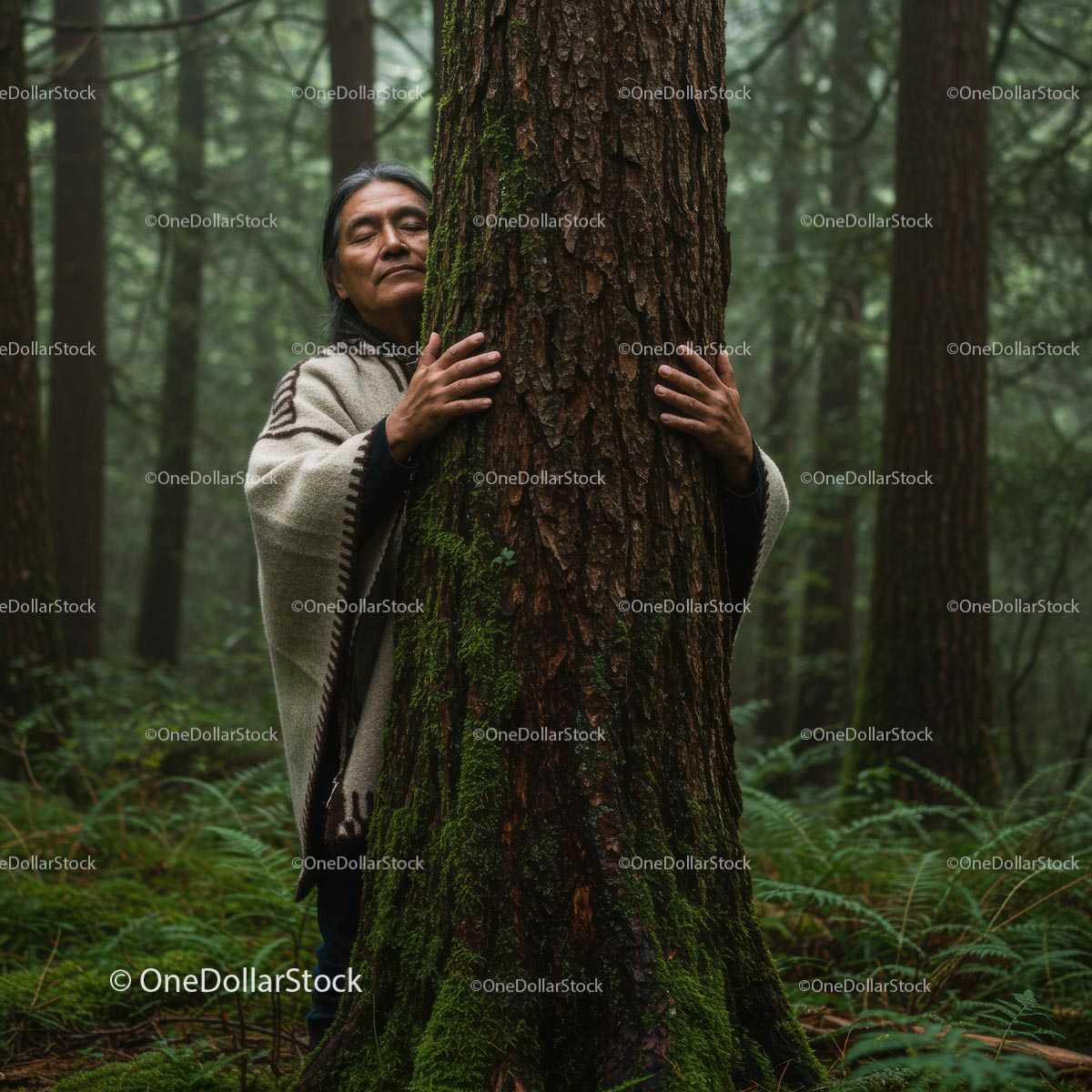 Woman Embracing Moss-Covered Tree in Serene Forest