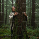 Woman Embracing Moss-Covered Tree in Serene Forest