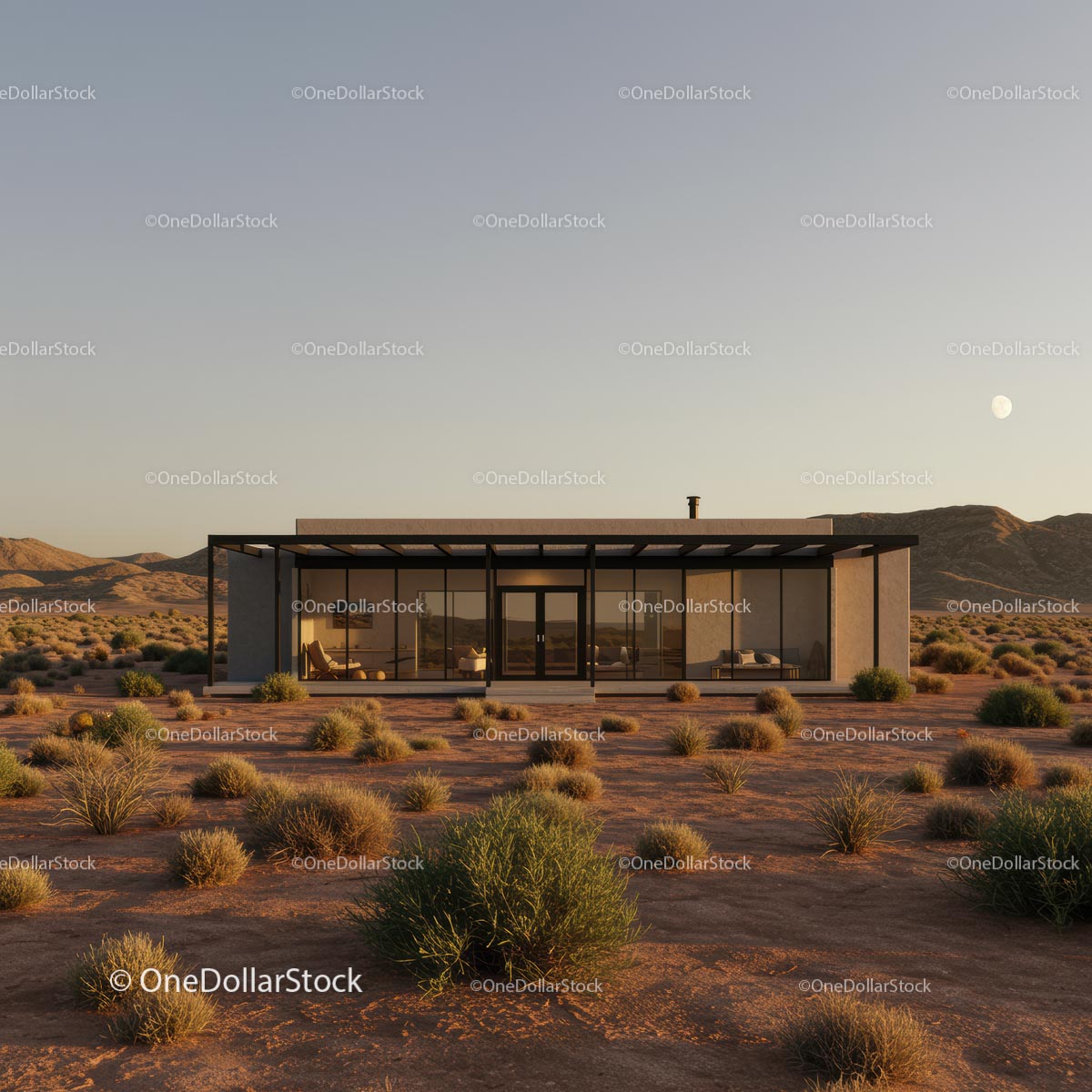 Modern Glass House in Desert During Sunset