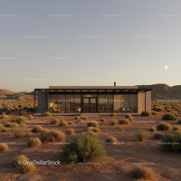 Modern Glass House in Desert During Sunset