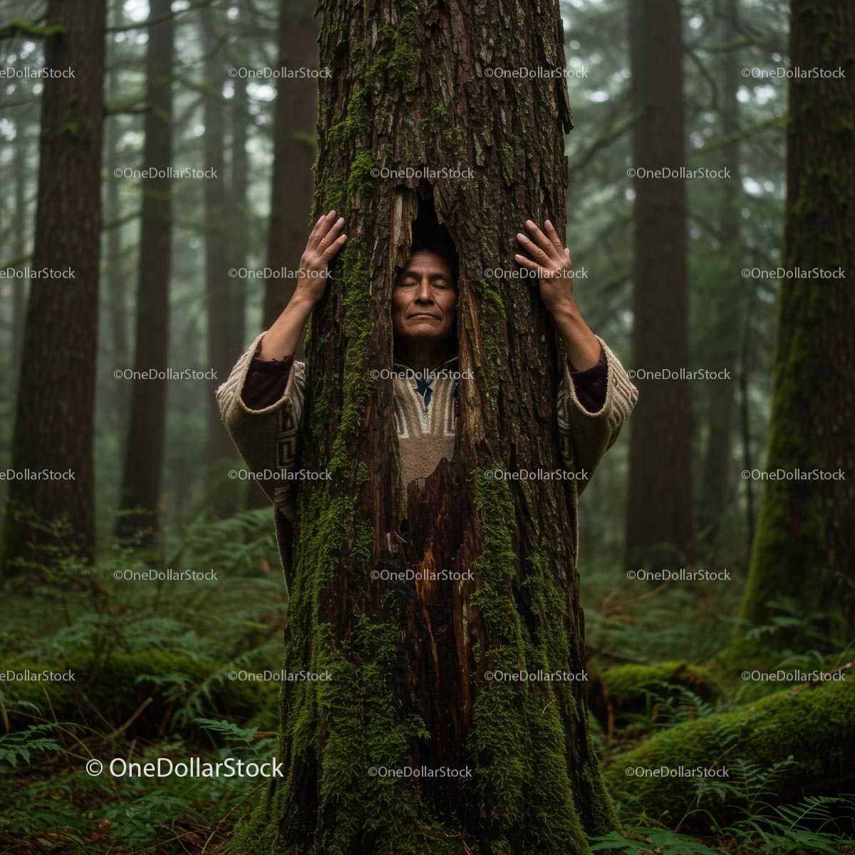 Person Meditating Embraces Tree in Tranquil Forest Setting