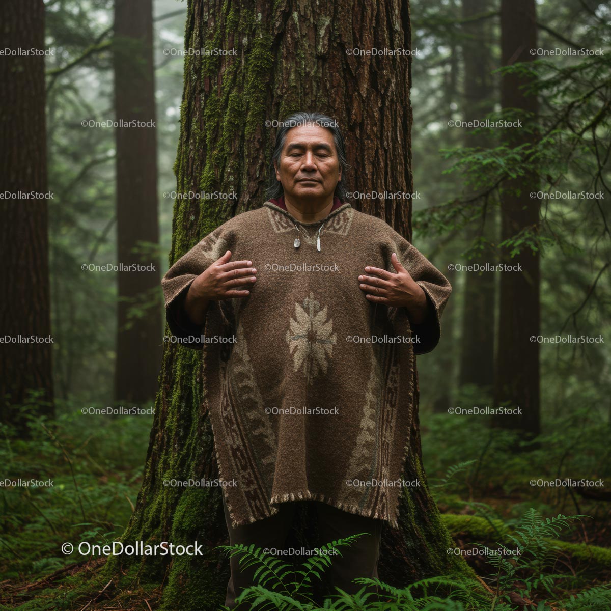 Serene Meditation in a Lush Forest with Ethnic Poncho