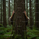 Hands Hugging Moss-Covered Tree in Misty Forest