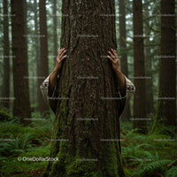 Hands Hugging Moss-Covered Tree in Misty Forest