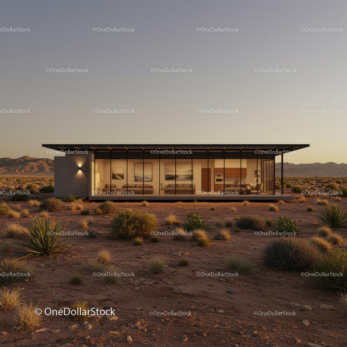 Modern Glass House in a Serene Desert Landscape