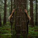 Person Embracing Tree in Lush Green Forest