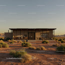 Contemporary Glass House in Desert Landscape at Sunset