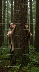 Man Embracing Tree in Serene Forest Setting