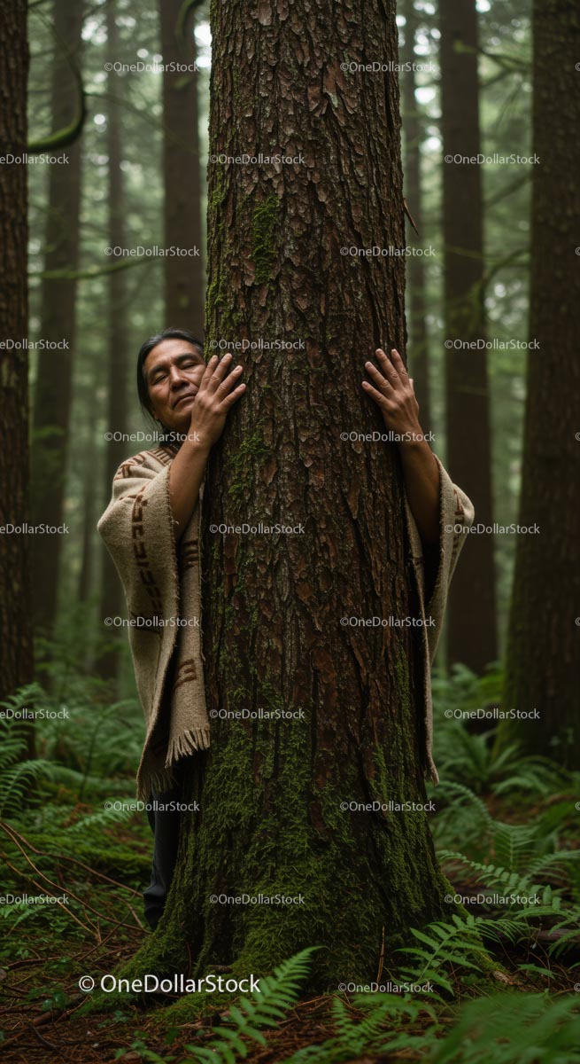 Man Embracing Tree in Serene Forest Setting