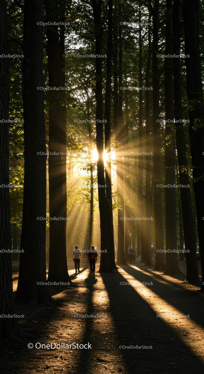 Sunlit Path Through Tranquil Forest at Dawn