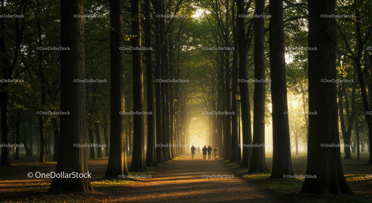 Tranquil Tree-Lined Path in Early Morning Light