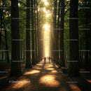 Sunlit Forest Path with People Walking at Sunset