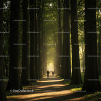 Couple Walking on Tree-Lined Path in Morning Light