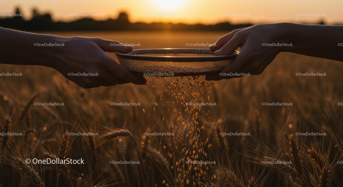 Hands Sieving Grain in Wheat Field at Sunset