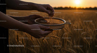 Hands Sifting Grain in Golden Wheat Field at Sunset