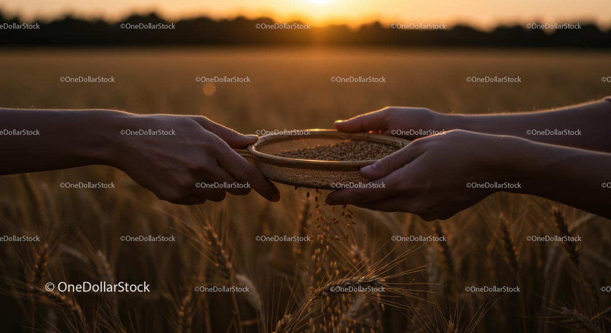 Hands Sifting Grain in Wheat Field at Sunset