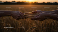 Hands Sifting Grain in Wheat Field at Sunset