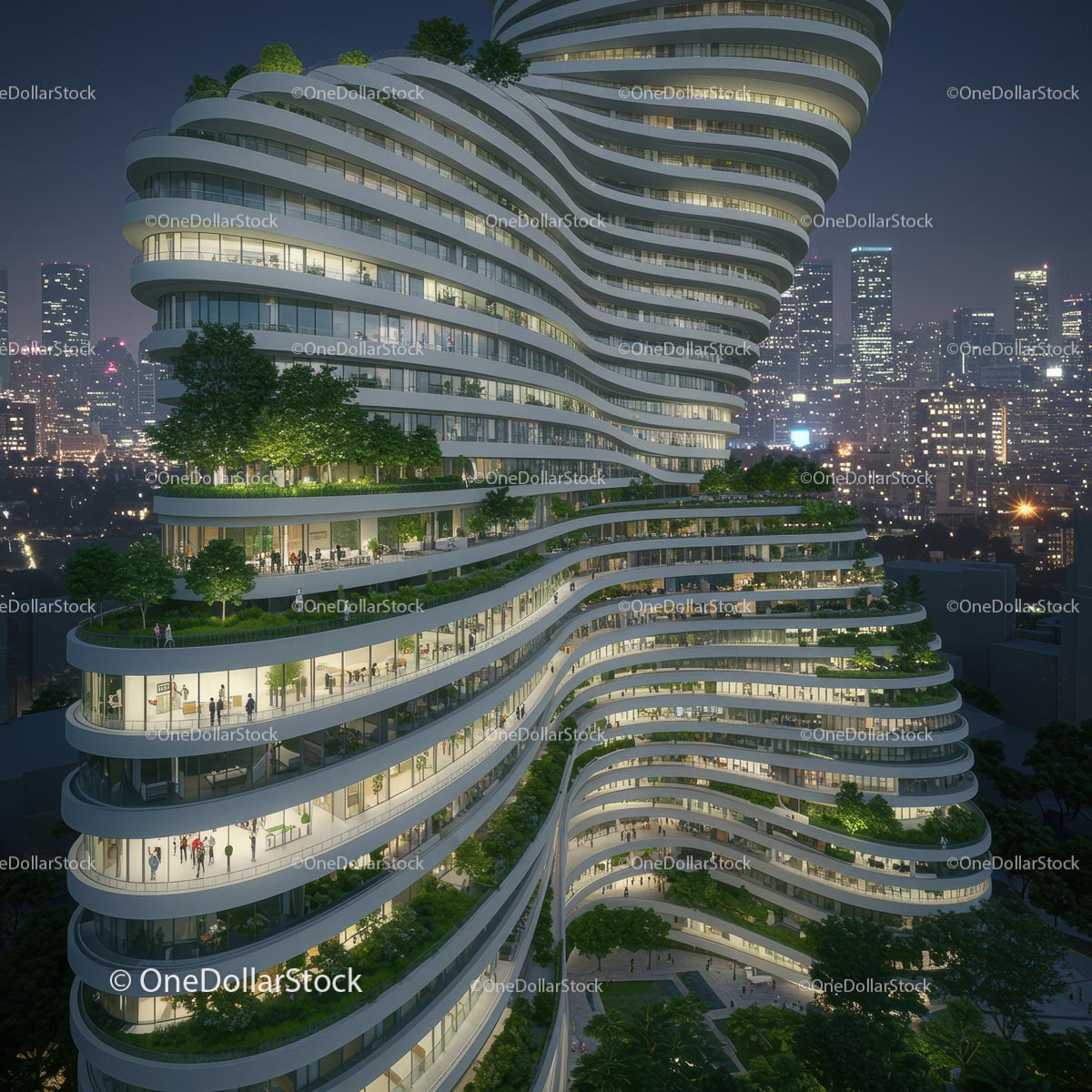 Futuristic Skyscraper with Green Terraces at Night