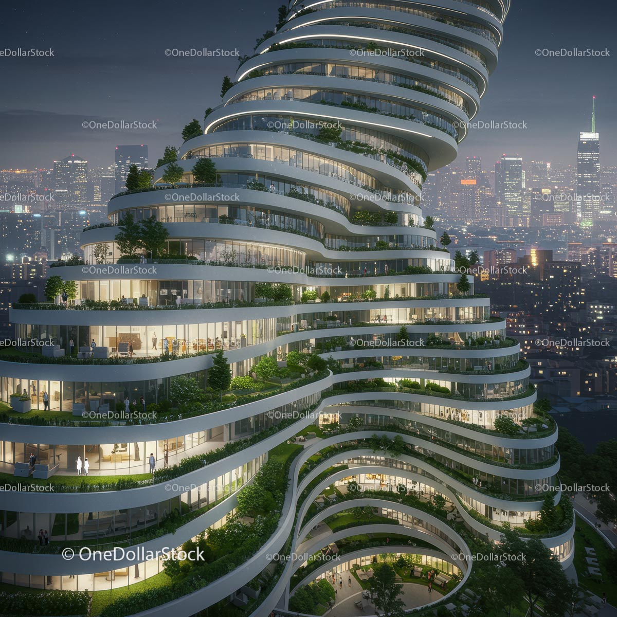 Futuristic Green Skyscraper with Rooftop Gardens at Night
