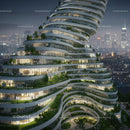 Futuristic Green Skyscraper with Rooftop Gardens at Night